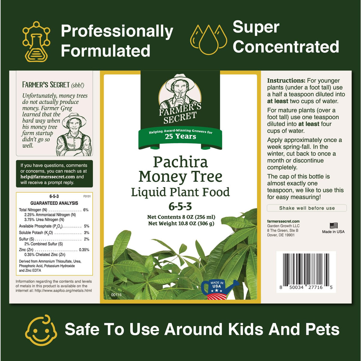 Farmer’s Secret Money Tree liquid pour demonstrates easy dilution for weekly feed.