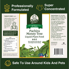 Farmer’s Secret Money Tree liquid pour demonstrates easy dilution for weekly feed.