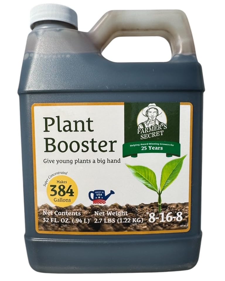 Farmer's Secret Plant Booster bottle 32oz ready for quick dilution to support early root growth.