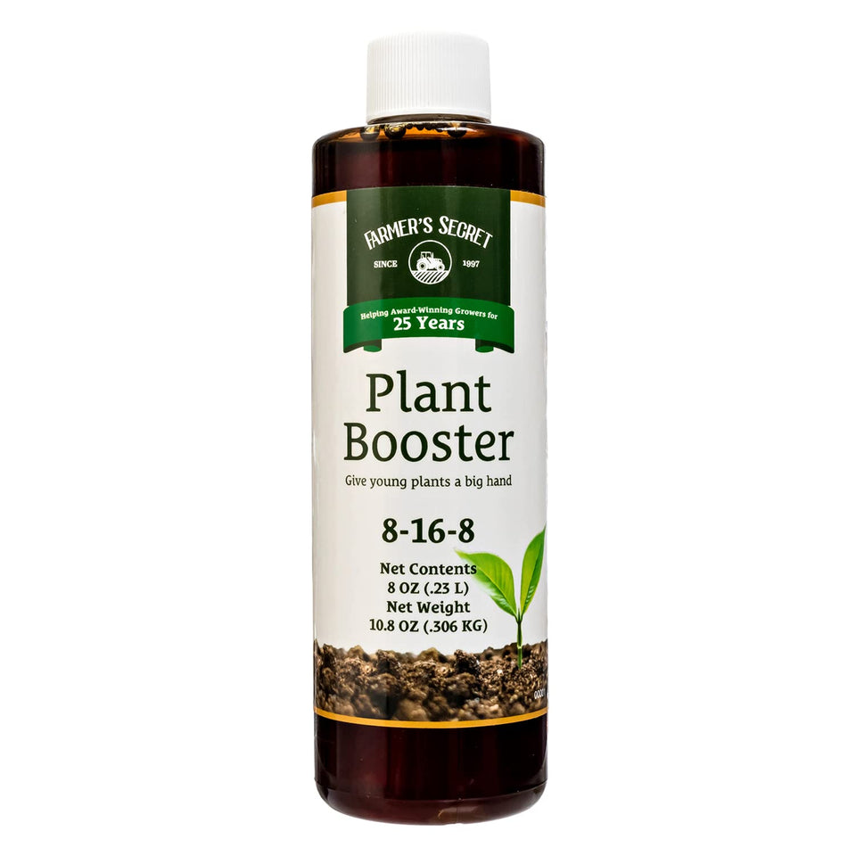 Farmer's Secret Plant Booster bottle label demonstrates potency for strong early growth