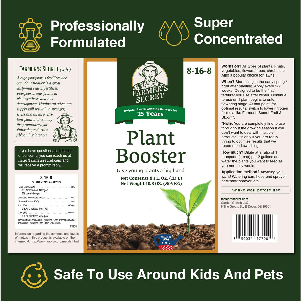Farmer's Secret Plant Booster dilution steps guide effective feeding for healthy new growth.