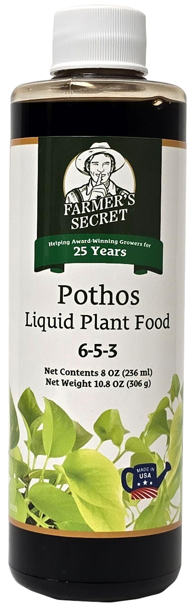 Farmer's Secret Pothos liquid plant food bottle beside a watering can, ready to nourish roots.