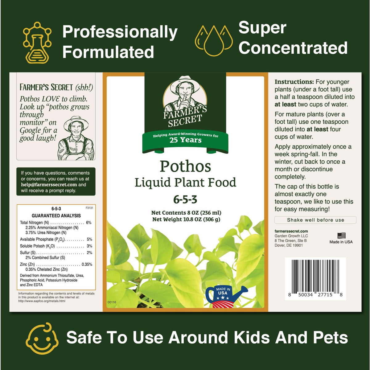 Farmer's Secret Pothos liquid fertilizer applied to soil, promoting vibrant leaf growth.