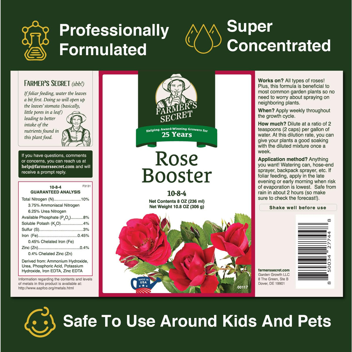 Farmer's Secret Rose Booster dilution image demonstrates quick, garden-safe dilution into water