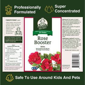 Farmer's Secret Rose Booster dilution image demonstrates quick, garden-safe dilution into water