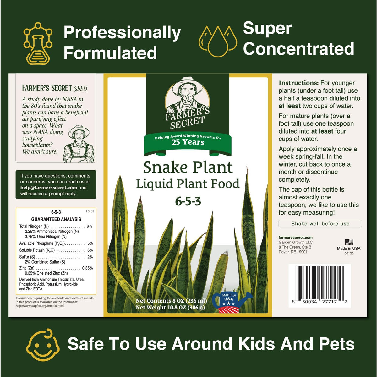 Farmer's Secret snake plant liquid food supports steady growth and vibrant foliage.