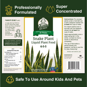 Farmer's Secret snake plant liquid food supports steady growth and vibrant foliage.
