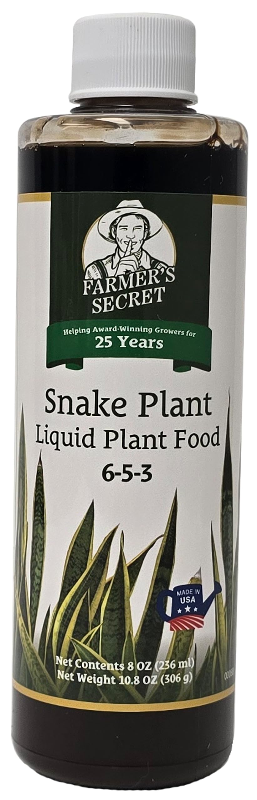 Farmer's Secret snake plant liquid food promotes strong roots for healthier indoor growth.
