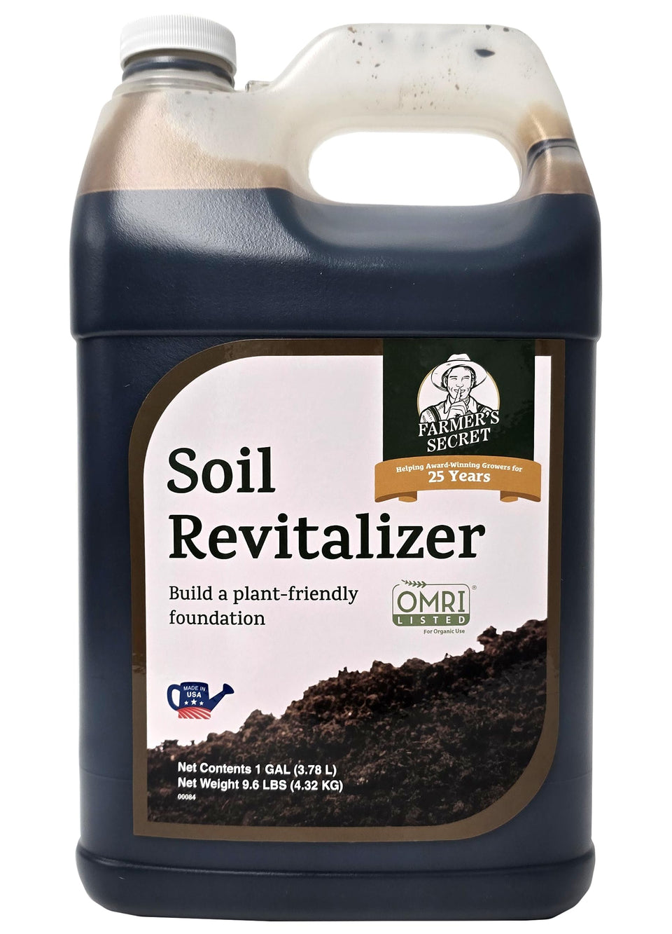 Farmer's Secret Soil Revitalizer 128oz bottle ready for soil treatment