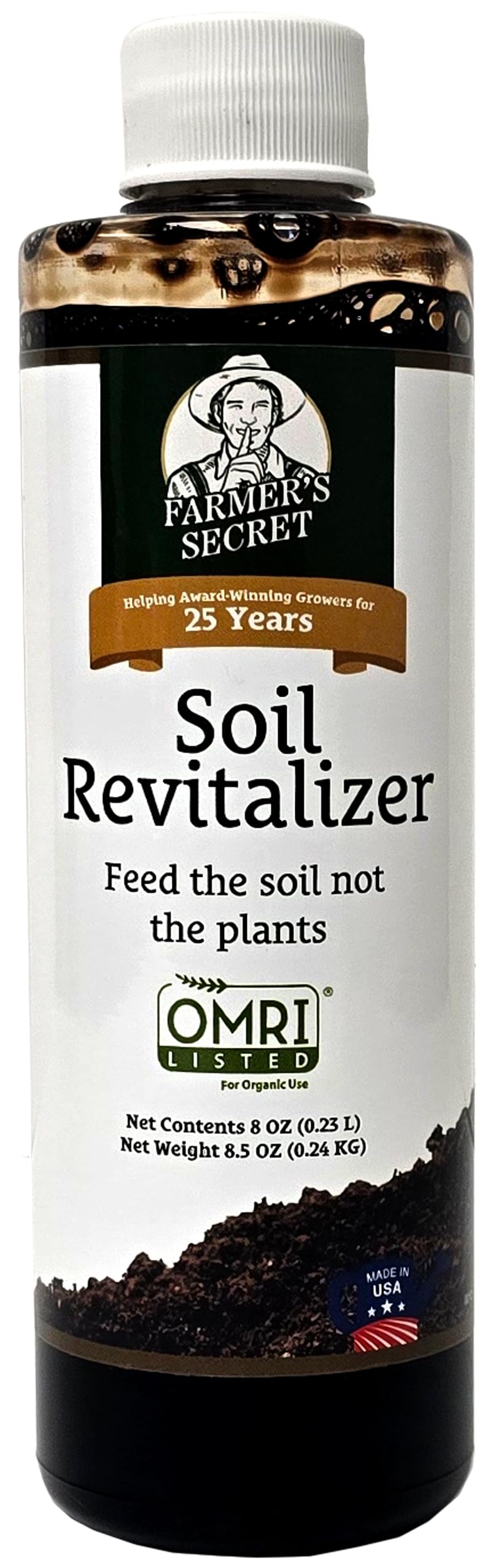 Farmer's Soil Revitalizer 8oz bottle for soil treatment boosting microbial activity.