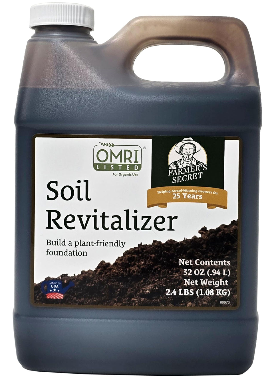 Farmer's Secret Soil Revitalizer bottle pour for easy application and soil vitality.