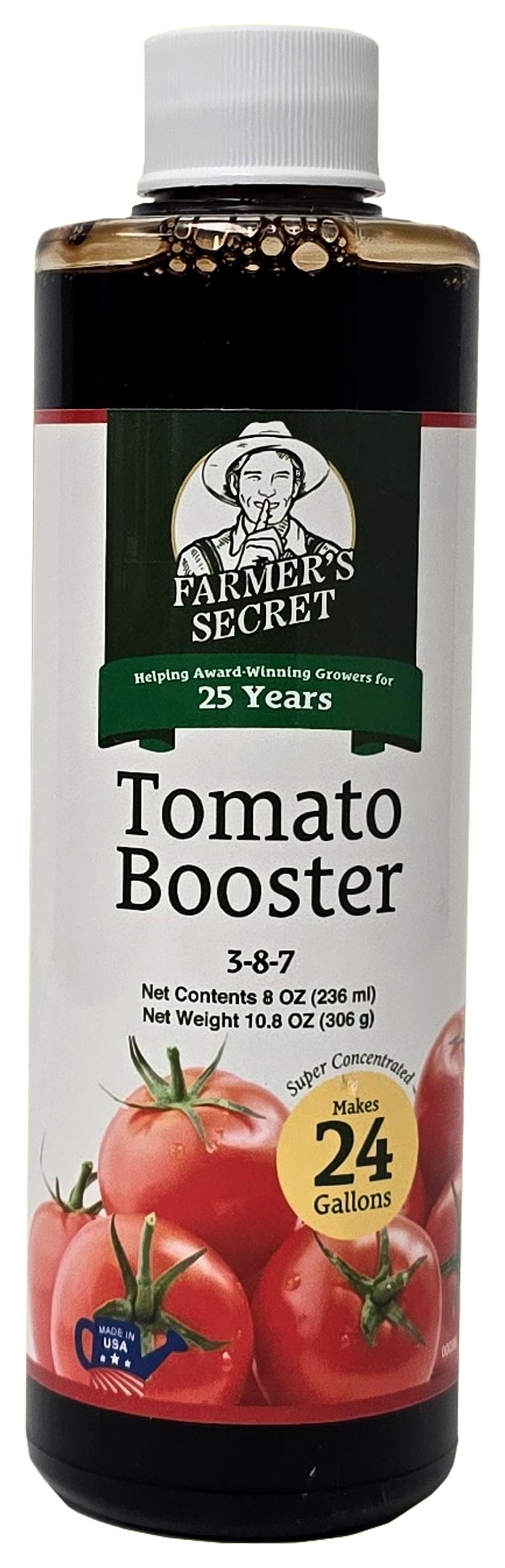 Farmers Secret Tomato Booster bottle front view for weekly garden feeding to boost size