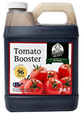 Farmer's Secret Tomato Booster bottle shows a concentrated formula for robust growth.