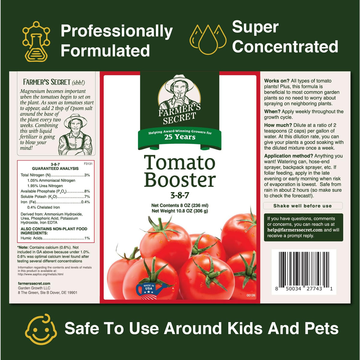 Farmers Secret Tomato Booster label closeup highlighting nutrients for healthy tomato growth