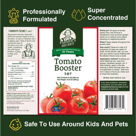 Farmers Secret Tomato Booster label closeup highlighting nutrients for healthy tomato growth