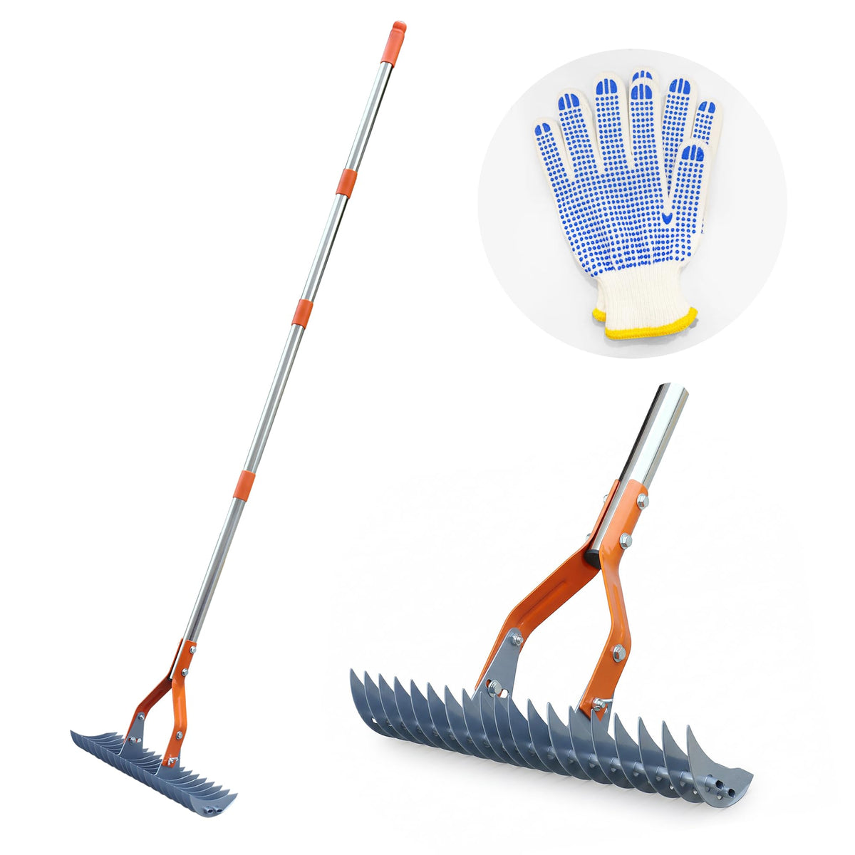 FARMHOLYCOWKING thatch rake with hardened steel tines lifting dense thatch from turf.