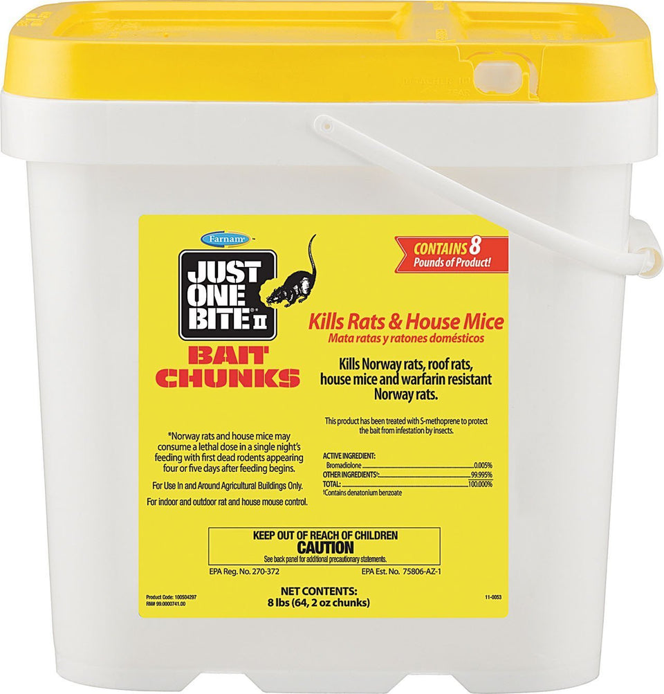 Farnam Just One Bite II bait chunks 8 lb box front view shows rodent control in agricultural settings.