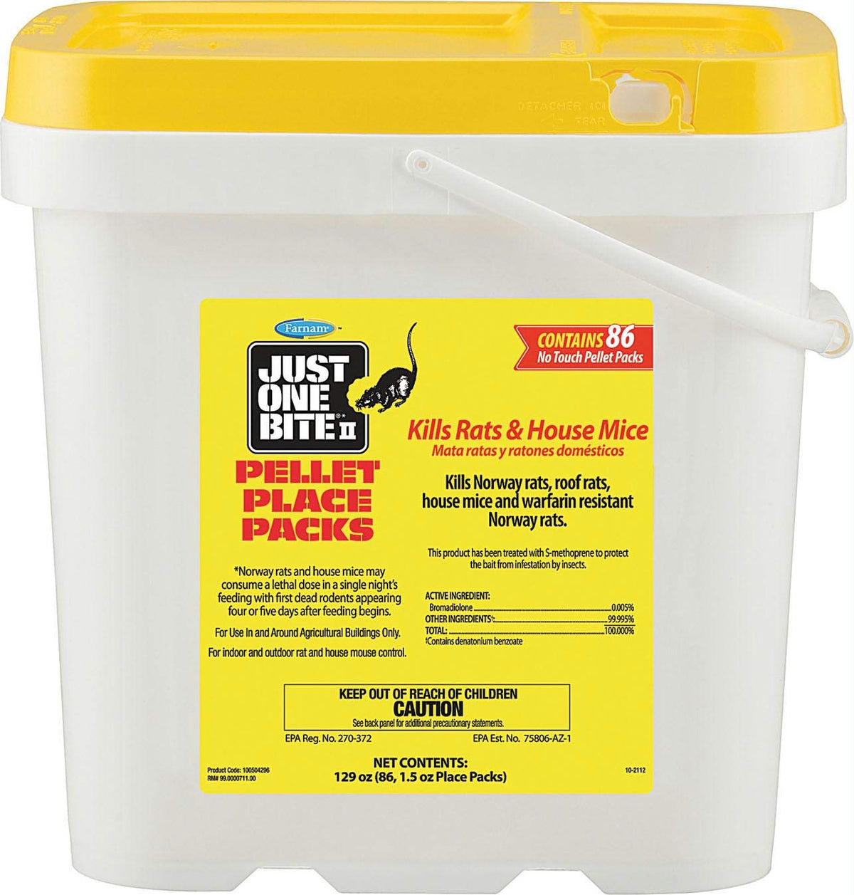 Farnam Just One Bite II pellets in a tub for effective rodent control.