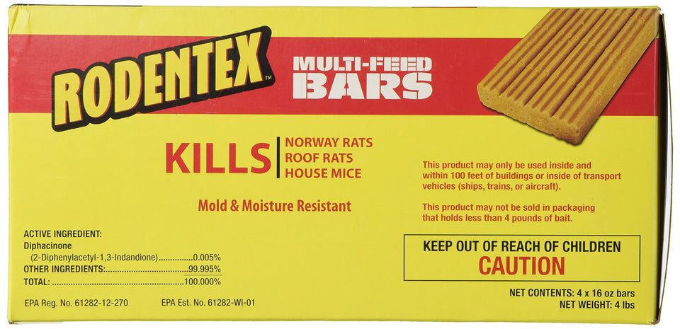 Farnam Rodentex Multi-Feed Bars pack of four 16 oz bars for indoor and outdoor rodent control.