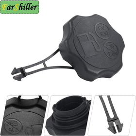 Cap with tether prevents cap loss during mowing sessions.