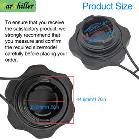 FarShiller fuel tank cap with tether attached to mower engine for secure storage.