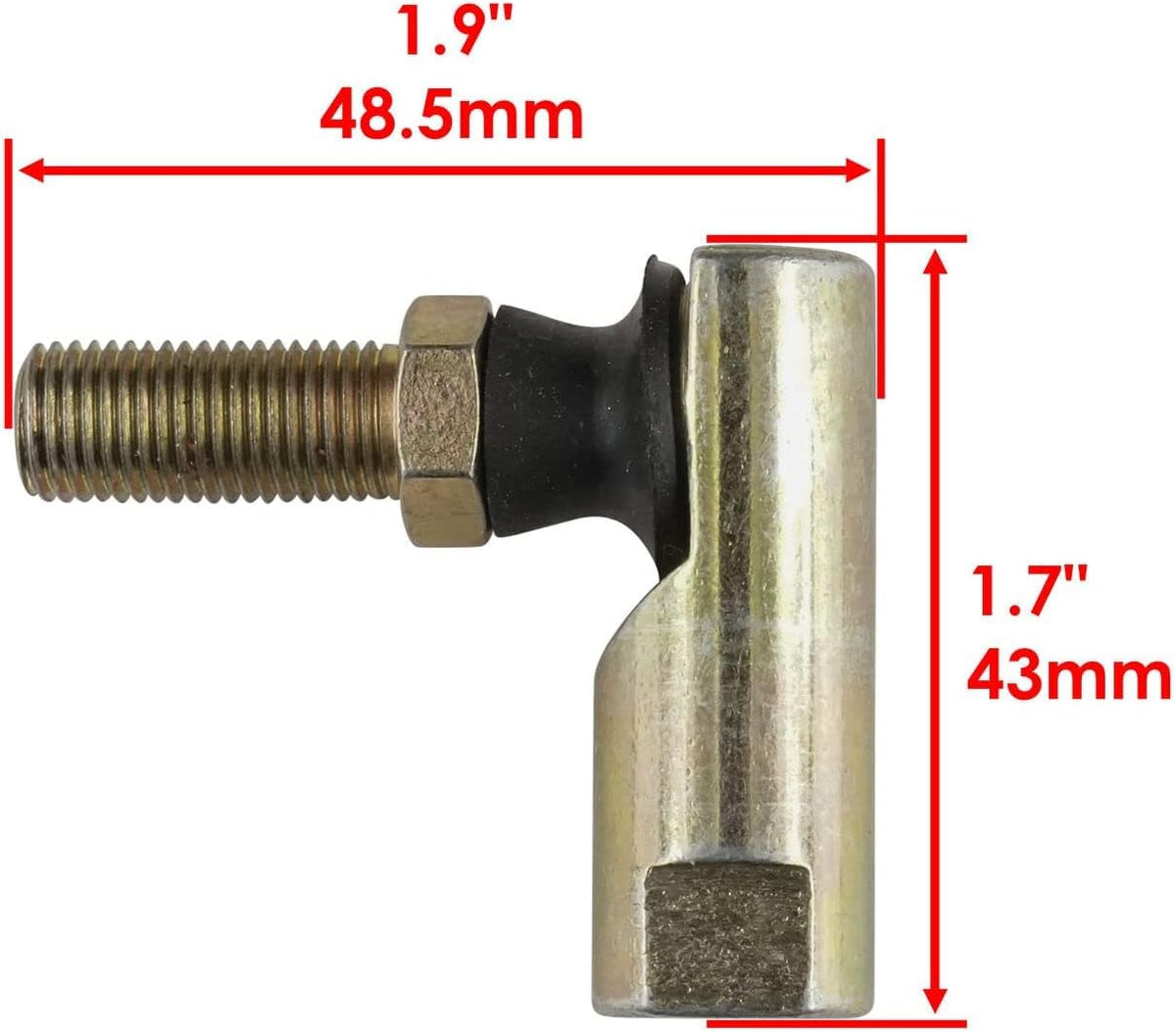 Close-up of tie rod end threads highlighting compatibility with standard sizes.