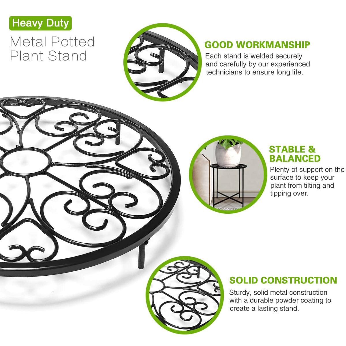 Fashion&cool round metal corner plant stand highlights pots with sturdy frame.