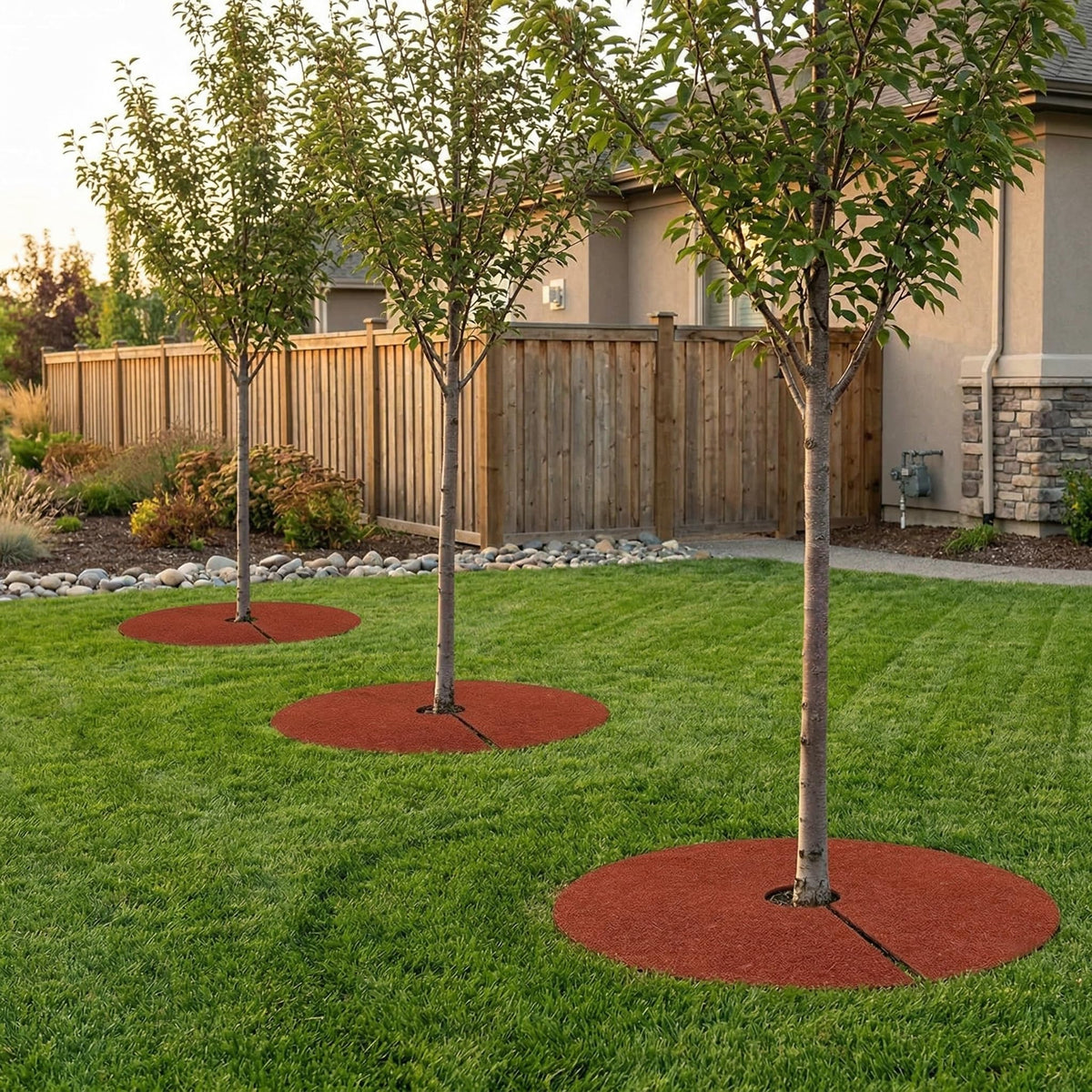 Fasmov round tree ring protects young trees with weed control.