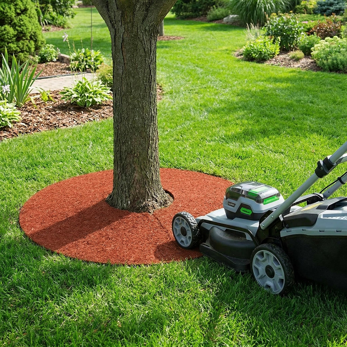 Fasmov tree ring half-inch thick resists impact from a lawnmower.