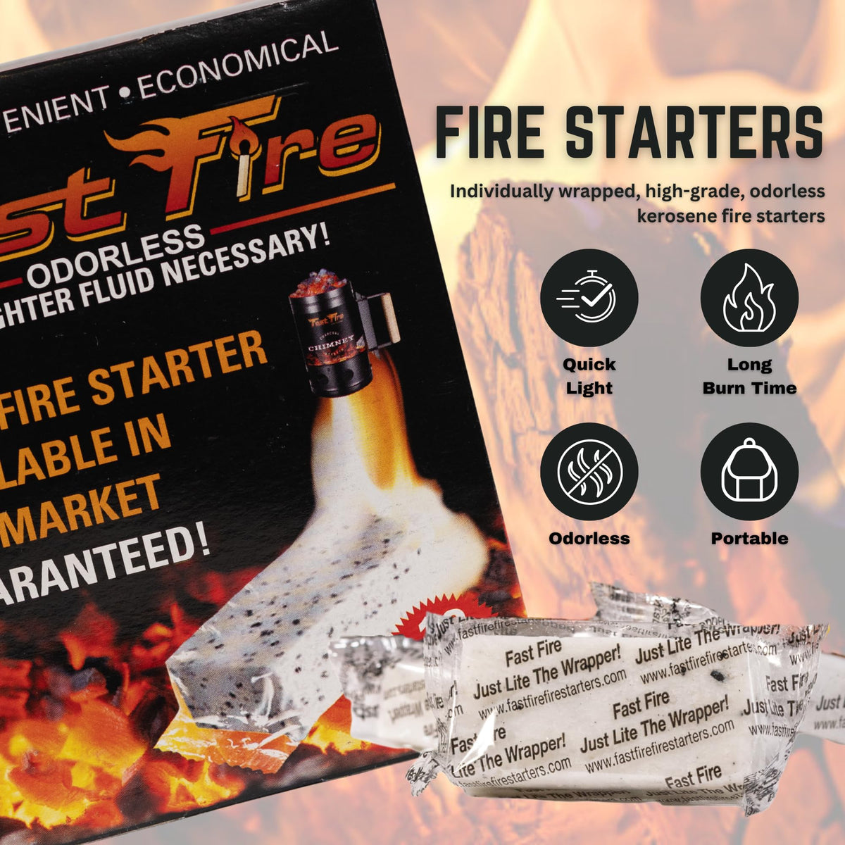 Fast Fire cubes wrapped individually to stay dry and light easily.