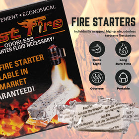 Fast Fire cubes wrapped individually to stay dry and light easily.
