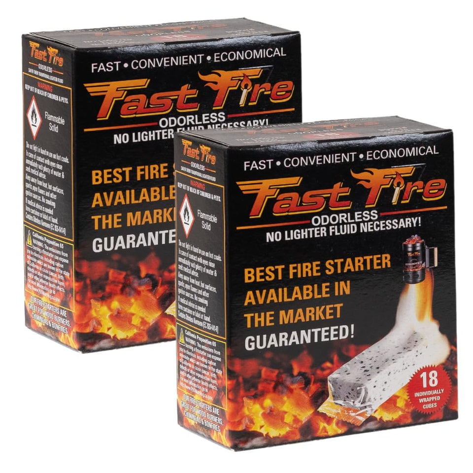 Fast Fire odorless fire starter cubes packaging showing compact, dry storage for travel.