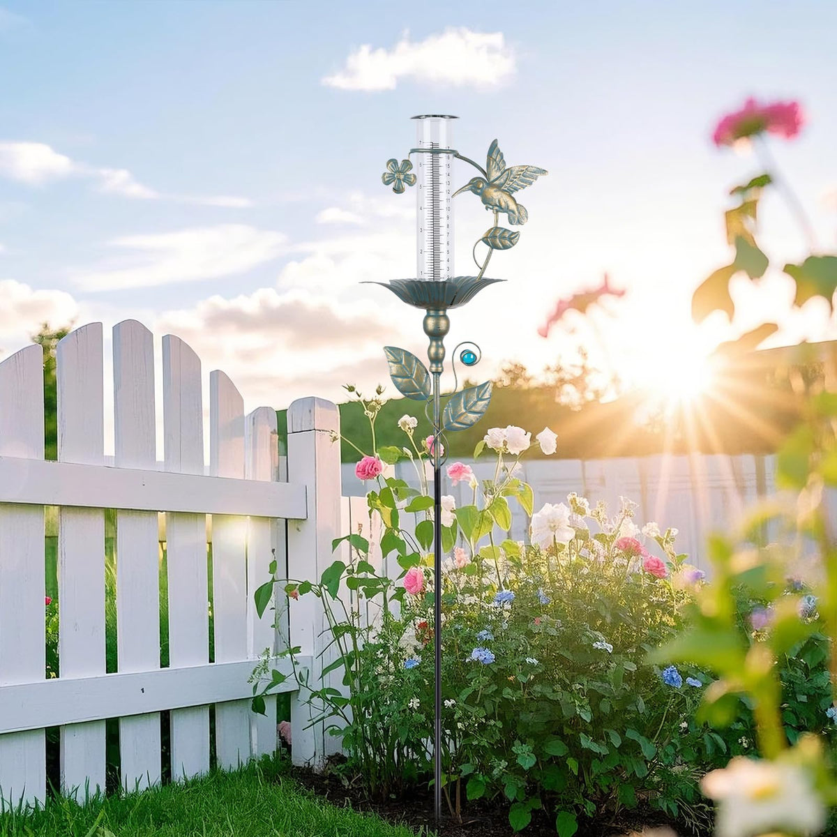 Fastruggle height-adjustable rain gauge read easily above lawn or flowers.