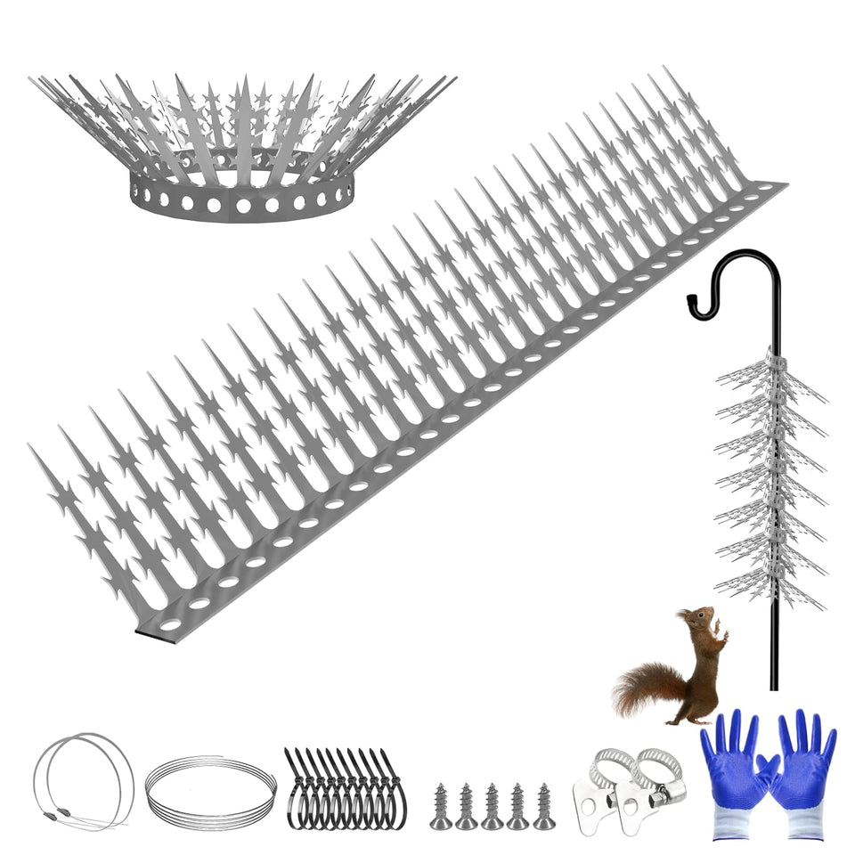 Fatmass bird spikes deter climbing on a feeder pole for bird food protection