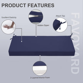 Favoyard bench cushion with attached ties stays securely on furniture.