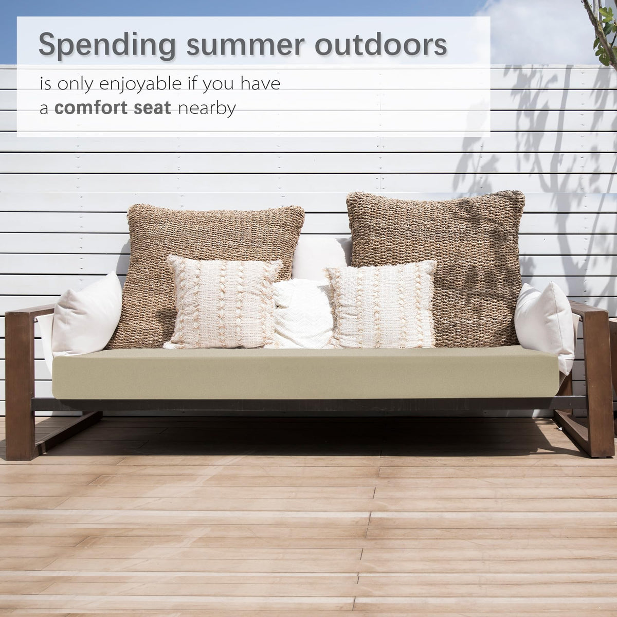 Favoyard beige outdoor cushion adding neutral style to a patio setting.