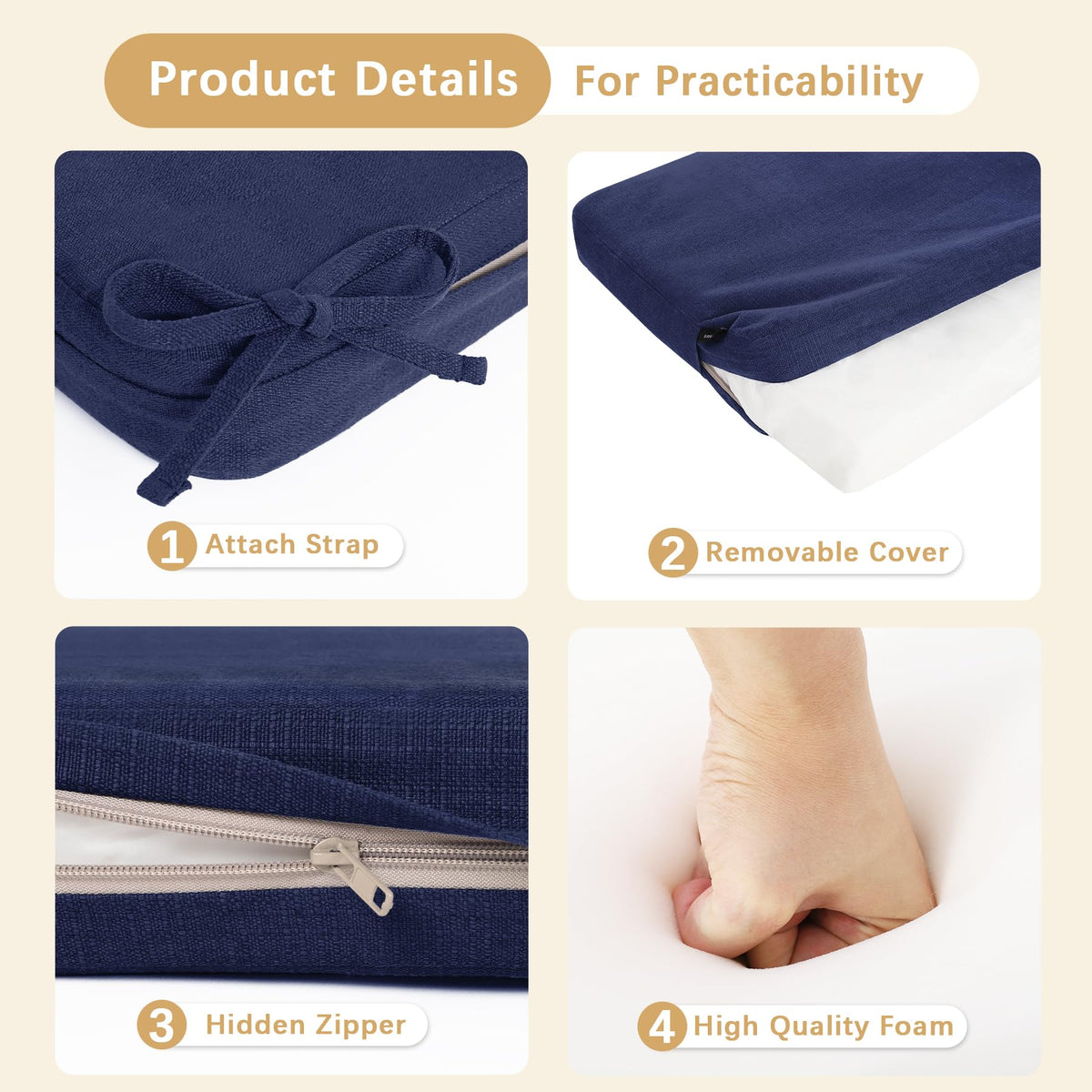 Favoyard cushion features hidden zipper for rainwater protection.