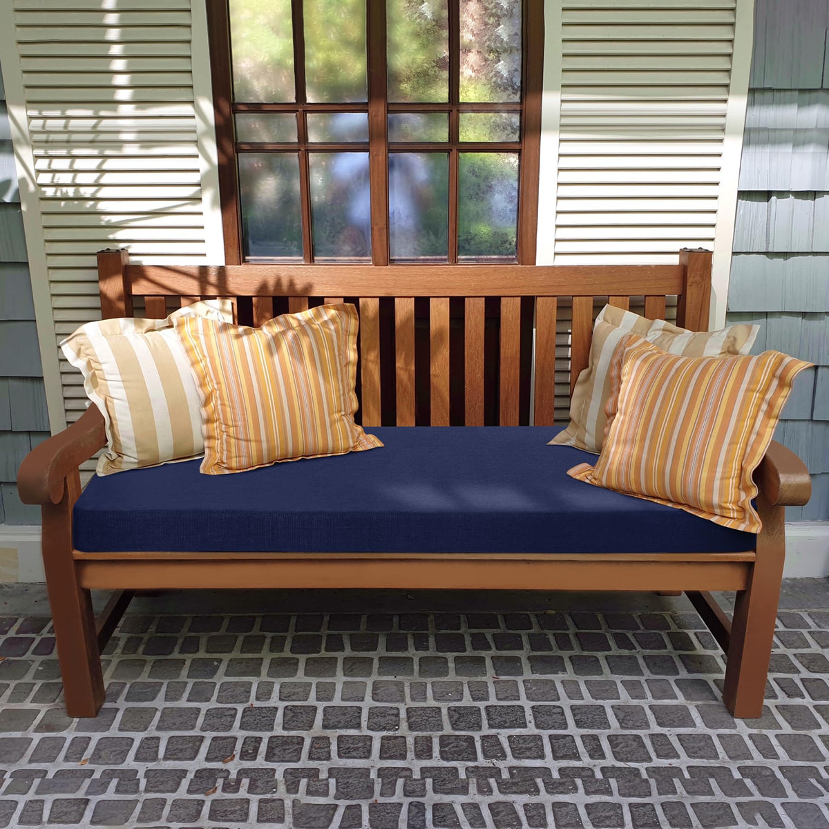 Favoyard blue cushion shows vibrant color with 3-year color fastness.