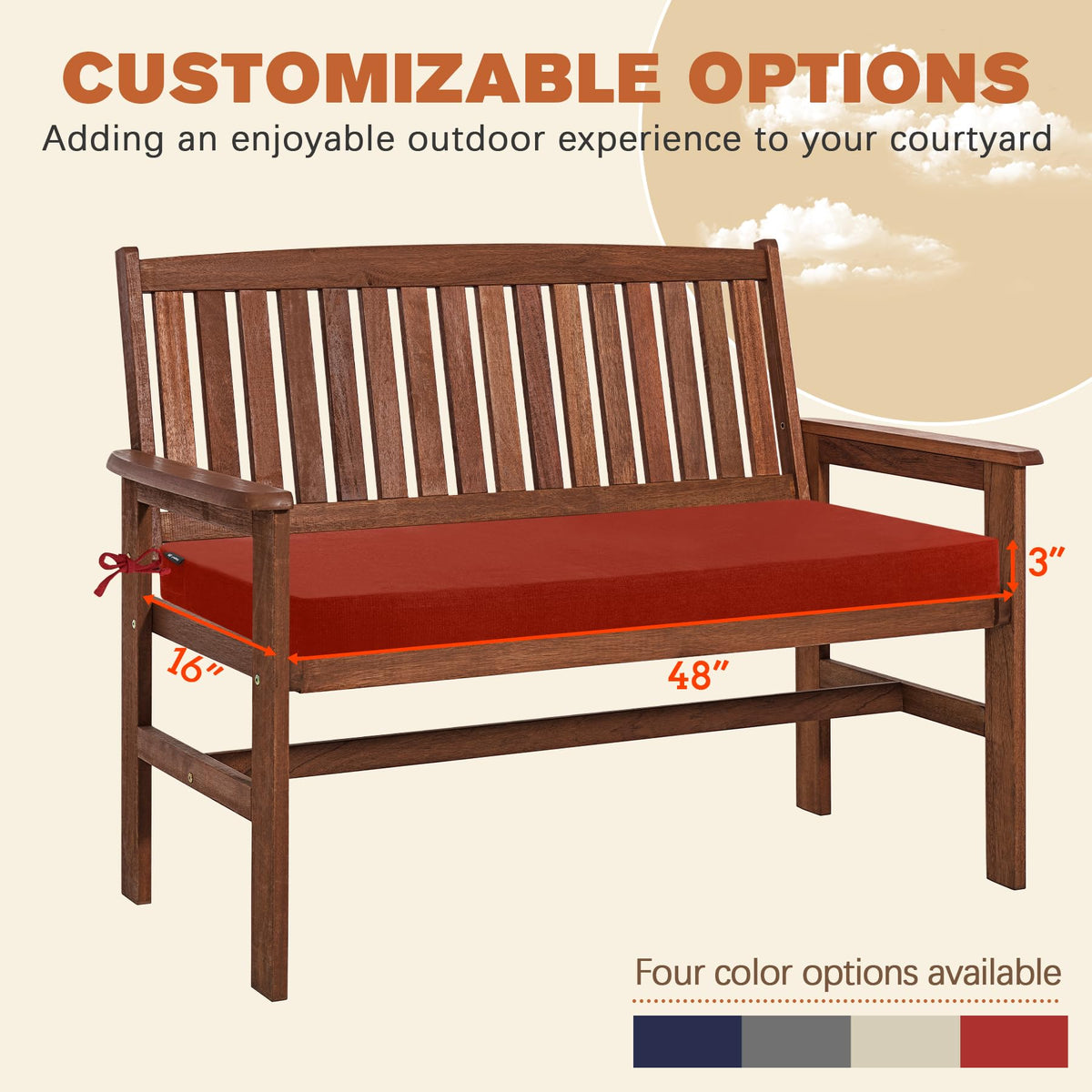 Favoyard red cushion side view with ties for secure placement.