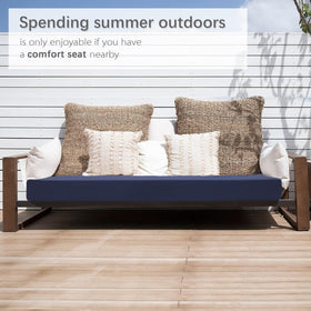 Favoyard blue bench cushion on a patio setup for outdoor lounging