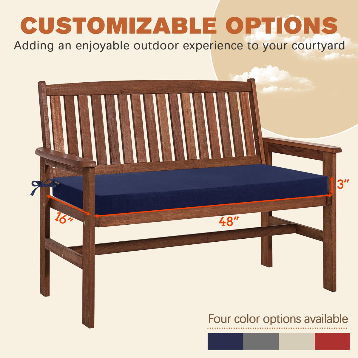 Favoyard bench cushion with tie straps keeps cushion securely in place.