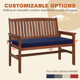 Favoyard bench cushion with tie straps keeps cushion securely in place.