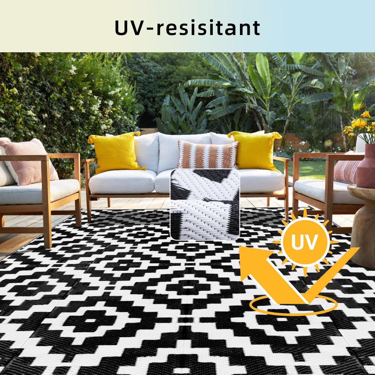 Favoyard UV-resistant patio rug preserves vibrant color under sun.