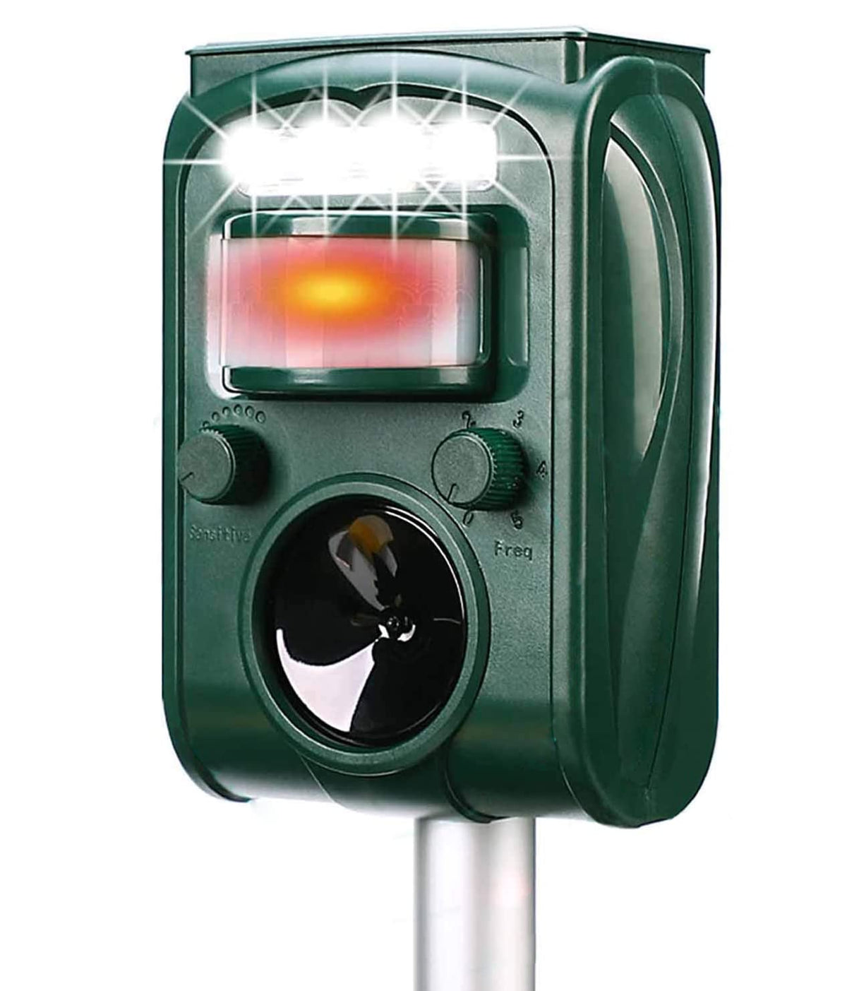 FAYINWBO Solar Ultrasonic Animal Repeller front view deters garden pests.