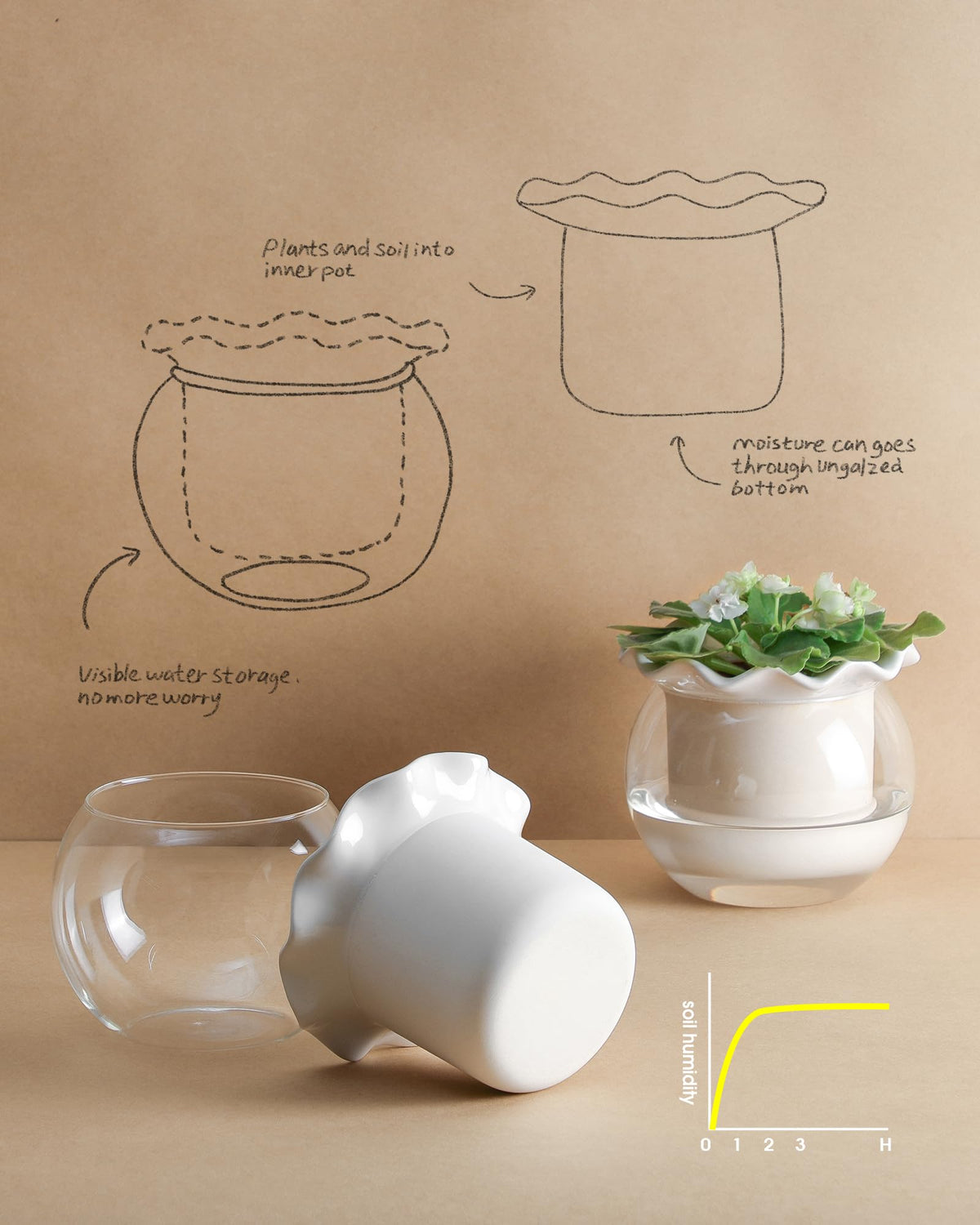 Fayoula pot outer glass displays the clear water reservoir for moisture monitoring.