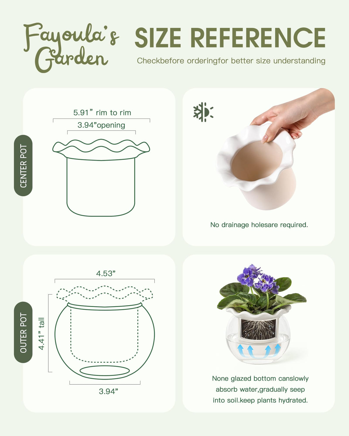 Fayoula self-watering reservoir delivers moisture as needed to roots.