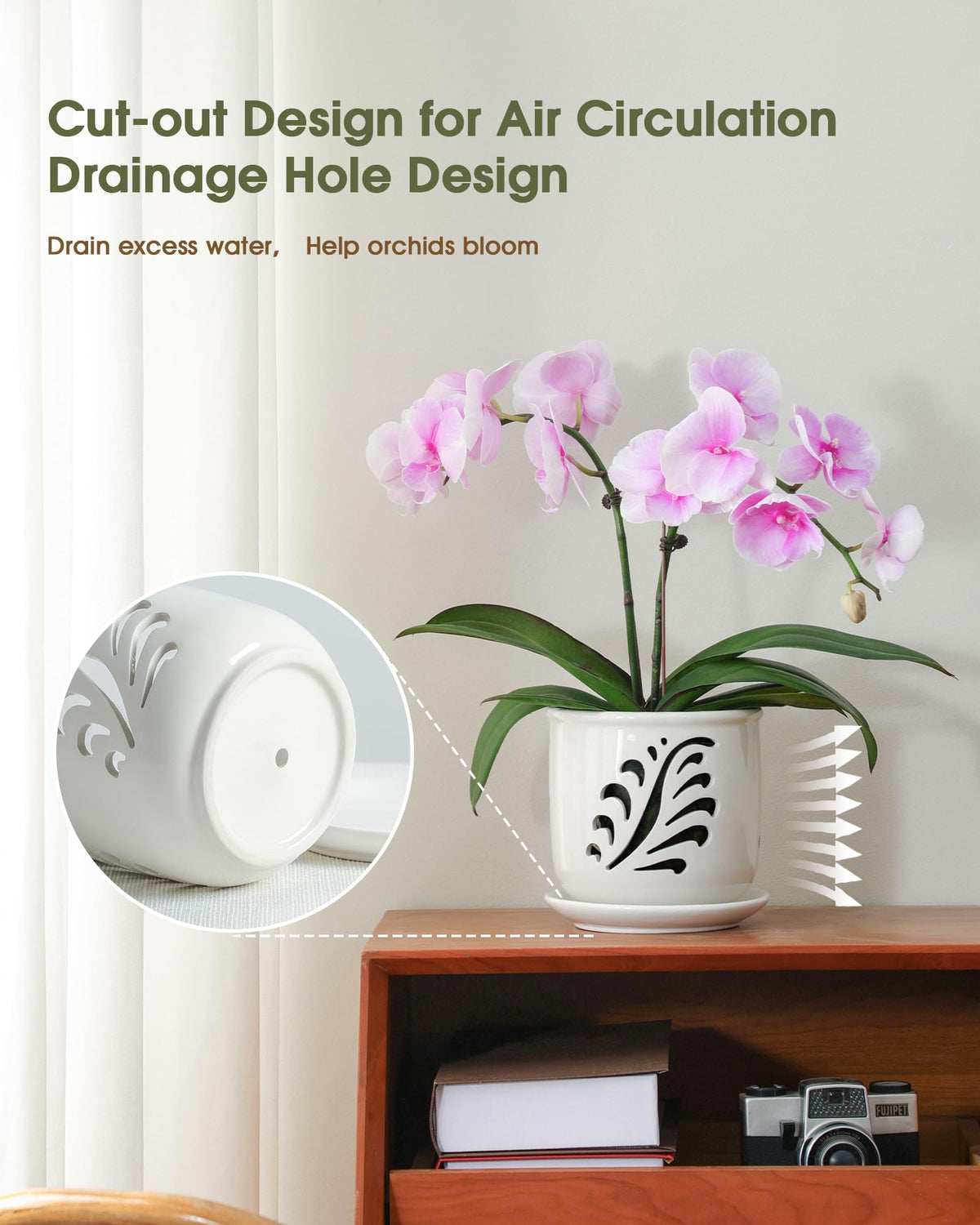 White glaze Fayoula ceramic orchid pot for a modern indoor look