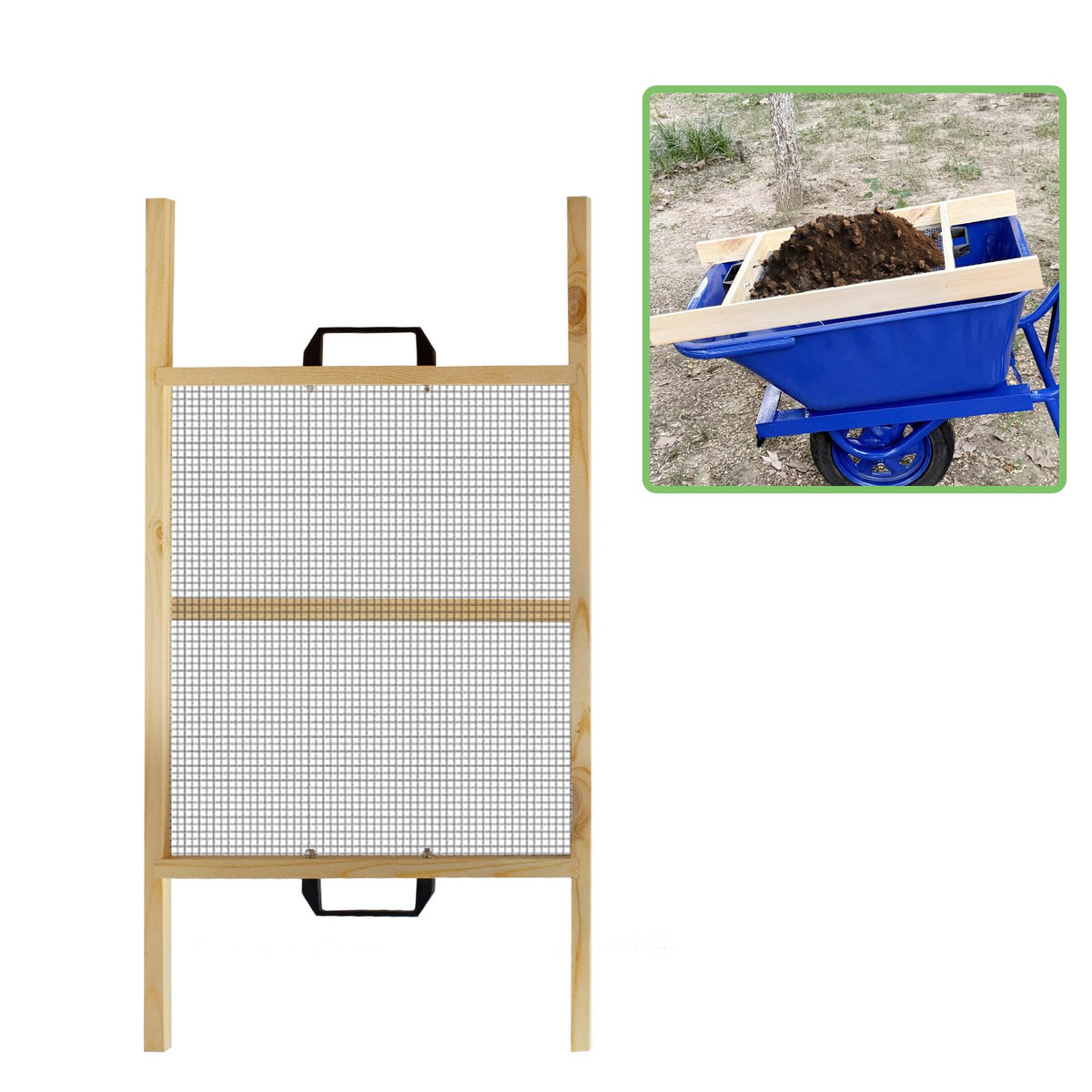 FBOJOY large soil sifter with wheelbarrow compatibility for easy garden screening.