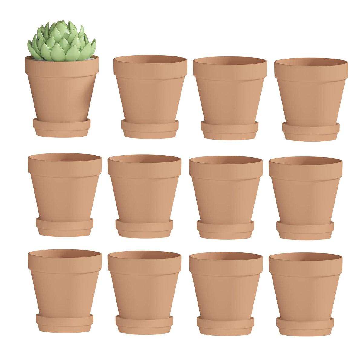 Fcacti 3-inch terracotta pot with saucer displaying drainage, ideal for succulents.