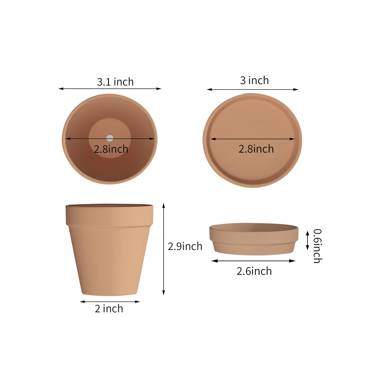 Fcacti mini clay pots with saucers on a shelf suited for desk plant displays.